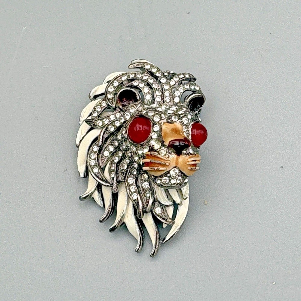 Vintage KJL Kenneth J Lane Lion Pin Enamel Rhinestones Red Gripoix HEAVY